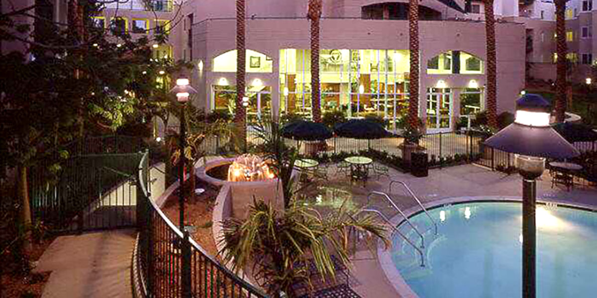 Luxurious hotel pool at dusk